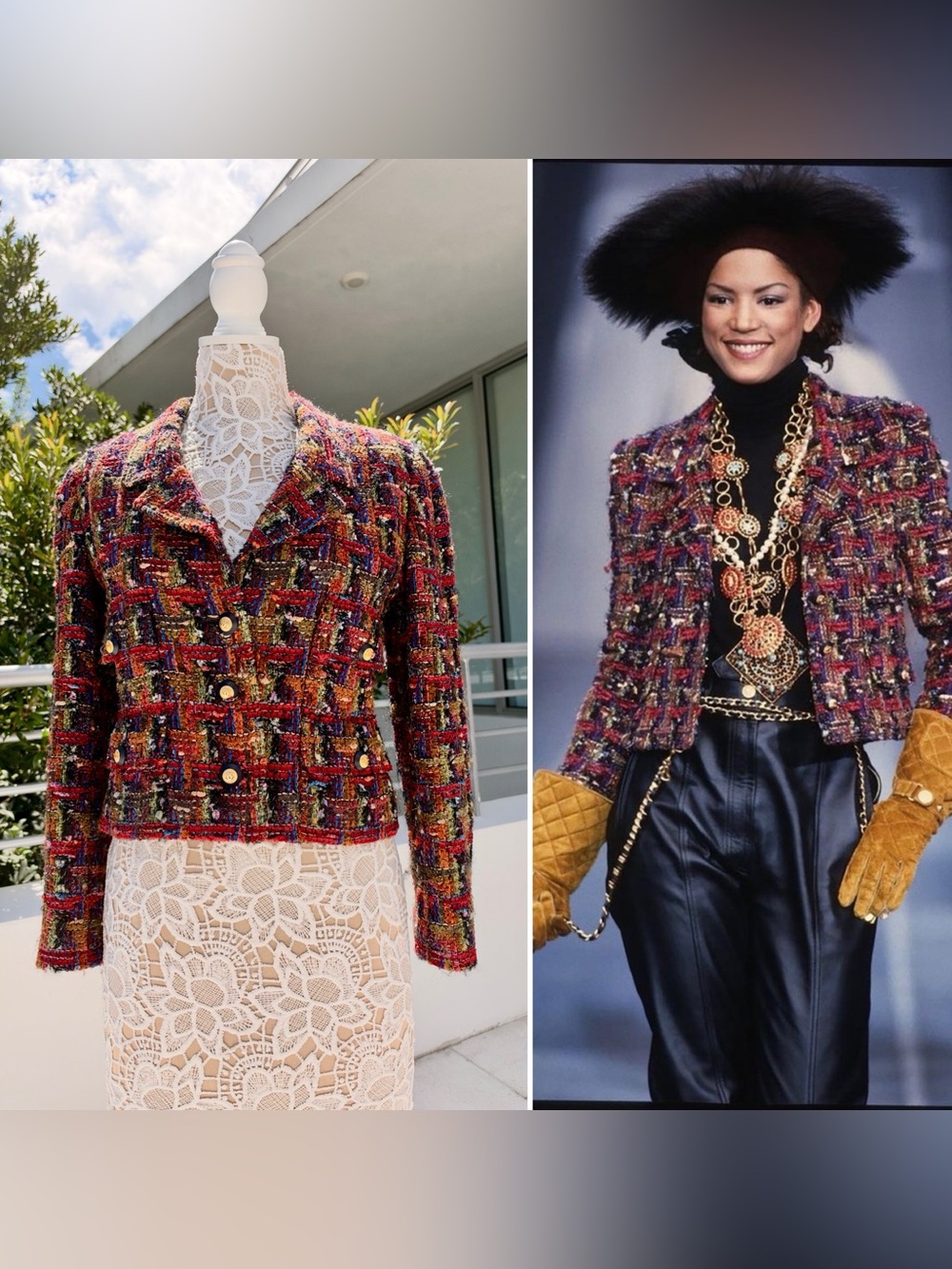 Vintage CHANEL Fantasy Tweed Runway Jacket Multicolor Red Gold CC Buttons FR 40